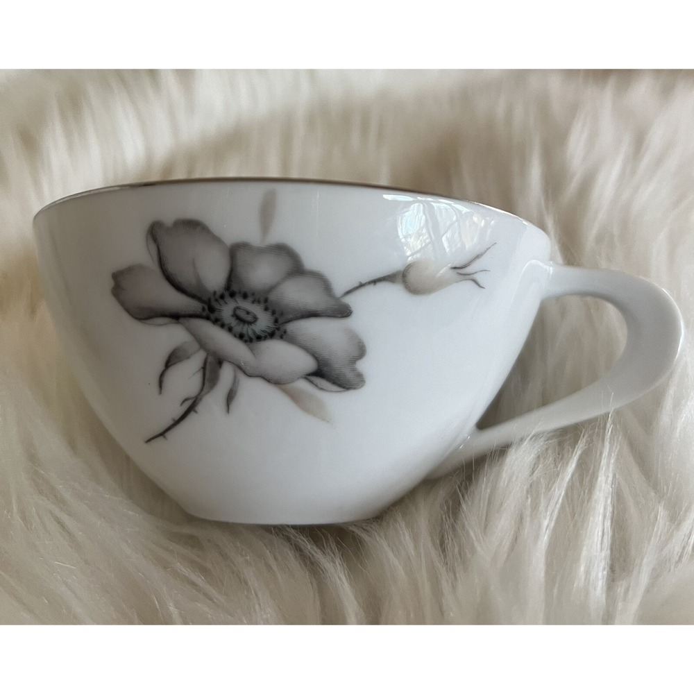Sango Japan Gloria Fine China Teacup White Gray Floral Silver Trim Vintage